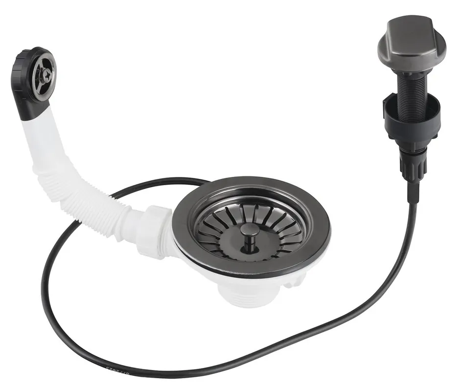 Novinka Bruckner Dřezová výpust 6/4", s přepadem a ovládáním, nerez/gun metal 155.122.6