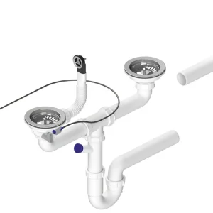 Časově Omezené Bruckner Dřezový sifon s přepadem, ovládáním a odbočkou, 6/4", pro dvojdřez, včetně pilety, DN40, bílá 155.129.0