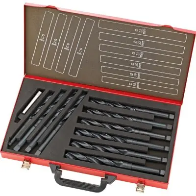 Vysoce Kvalitní Sada spirálových vrtáků DIN345 HSS válcovaných 14-23 mm, 1 mm stoupání v kovovém kufříku FORTIS 4317784620604
